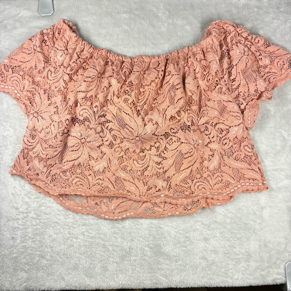 Ambiance Apparel Pink Floral Lace Off The Shoulder Crop Top Large Boho Summer